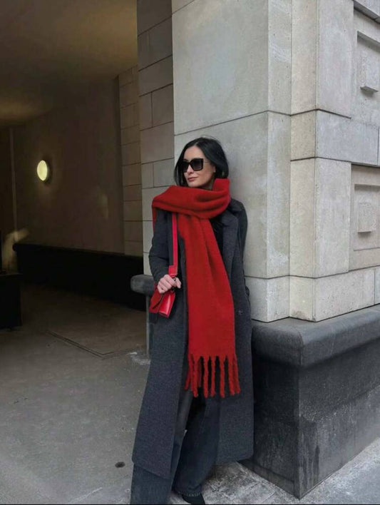 Red oversized fringe-trimmed knit scarf