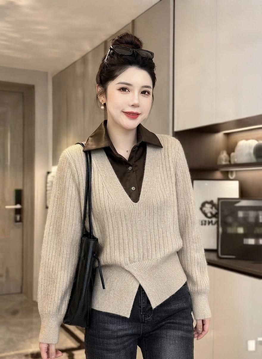 Cozy beige ribbed V neck sweater layered over a dark brown collared shirt