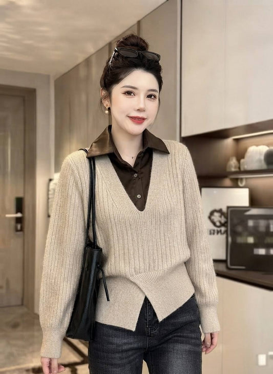 Cozy beige ribbed V neck sweater layered over a dark brown collared shirt