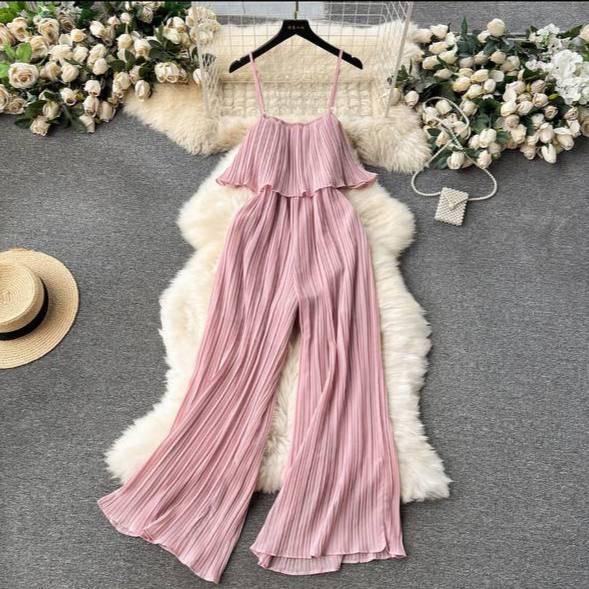 Pink pleated wide-leg jumpsuit