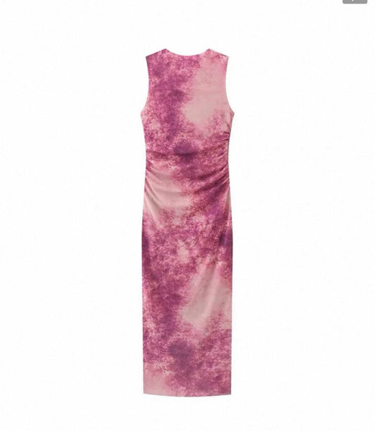 Sleeveless purple and pink tie-dye ruched bodycon midi dress