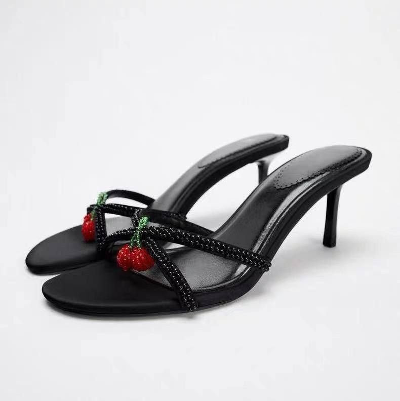 Zara Black Heeled Sandals with a cherry-shaped beaded detail