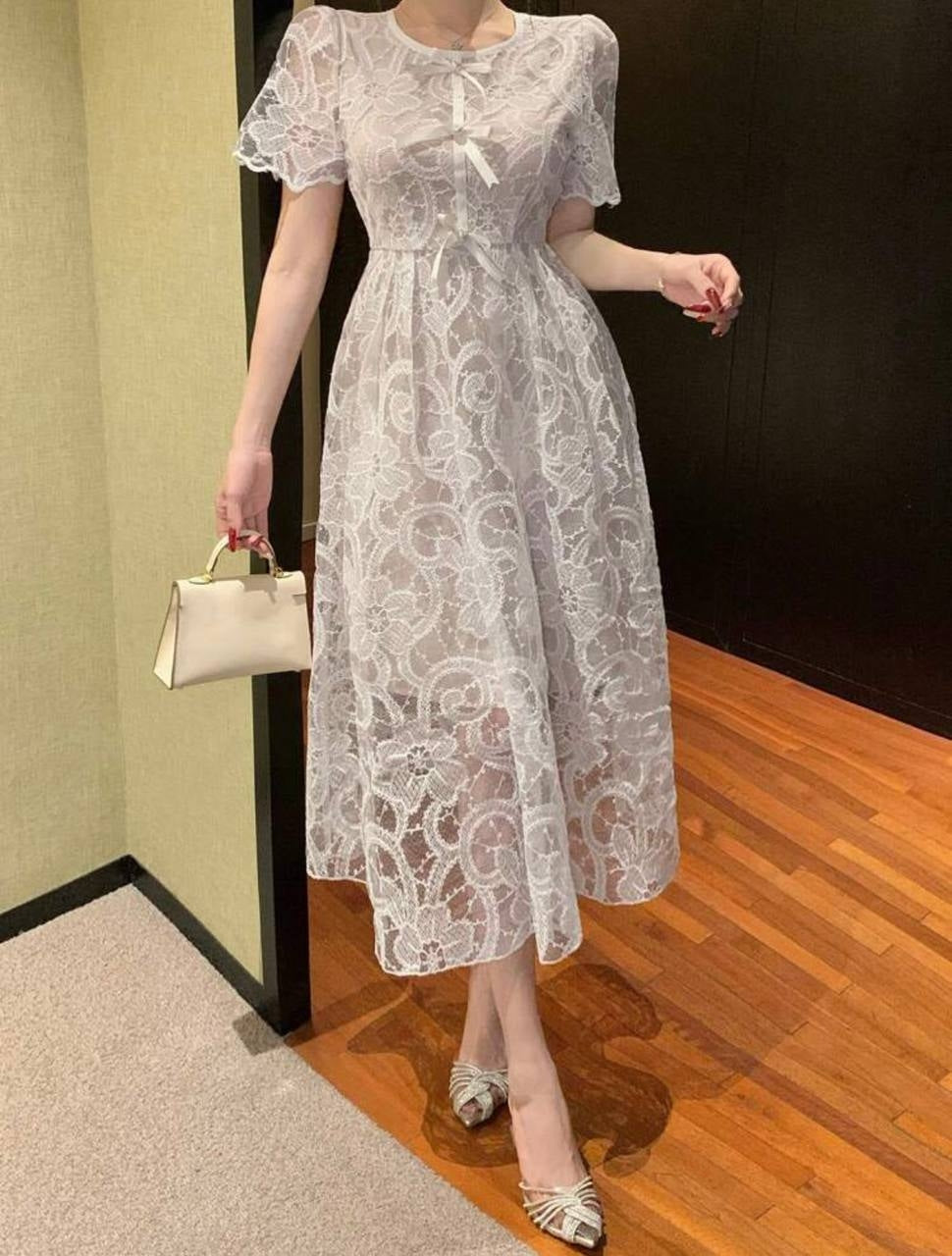 Elegant white floral lace midi dress