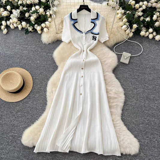 French style ribbed knit polo maxi dress