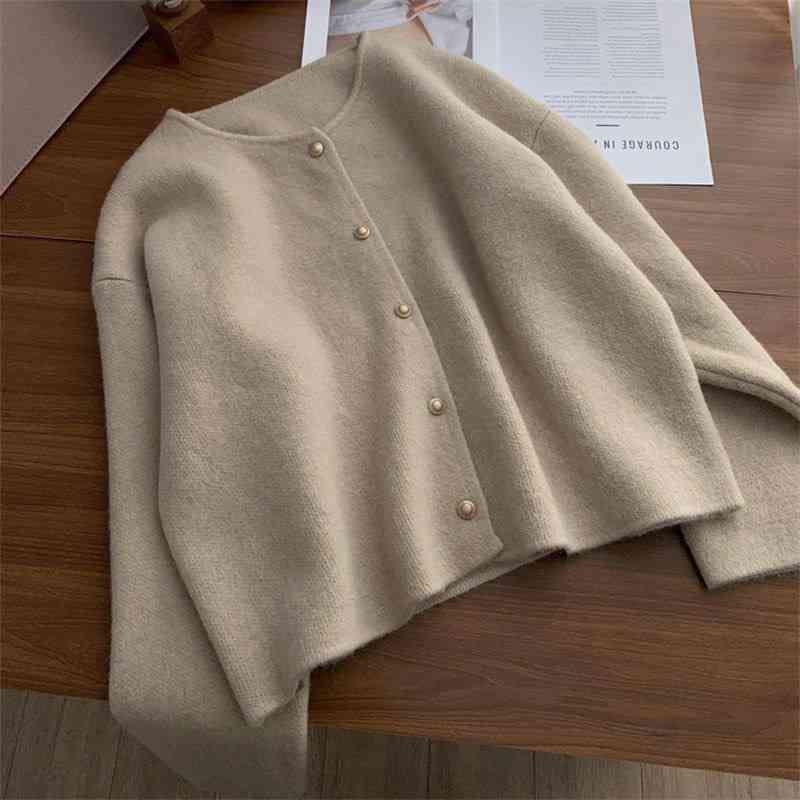 Beige crewneck knit cardigan
