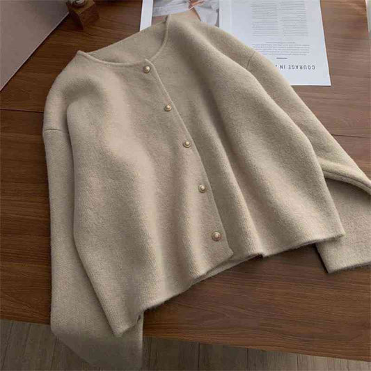 Beige crewneck knit cardigan