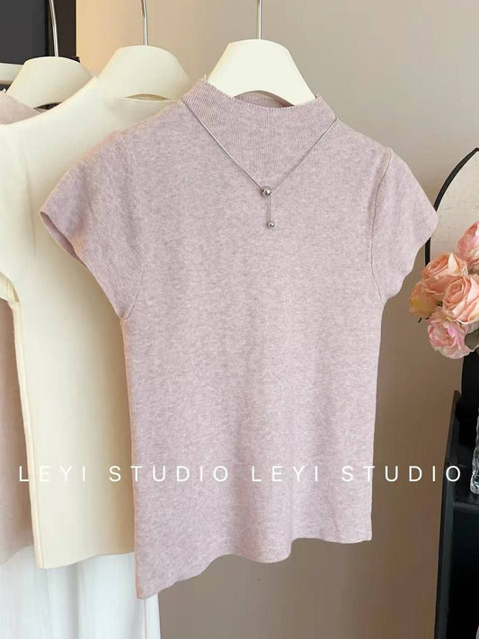 Mock neck short sleeve rib knit top