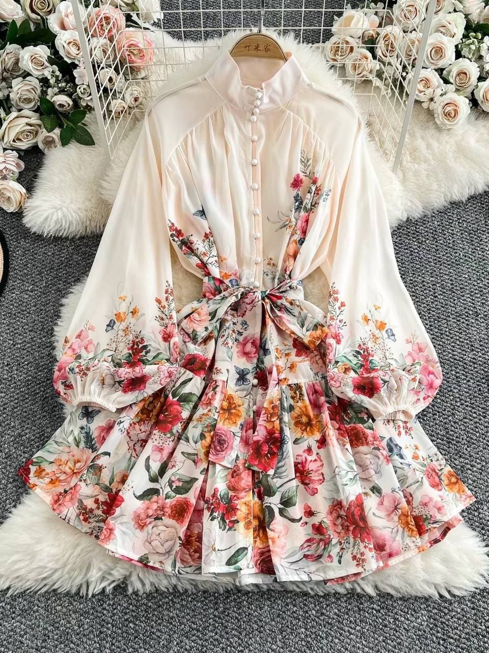 Elegant long sleeve cream chiffon mini dress