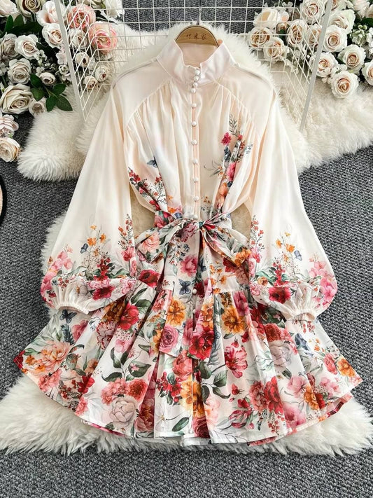 Elegant long sleeve cream chiffon mini dress