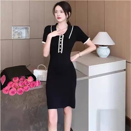 Black ribbed knit mini or midi dress with a polo collar, short sleeves
