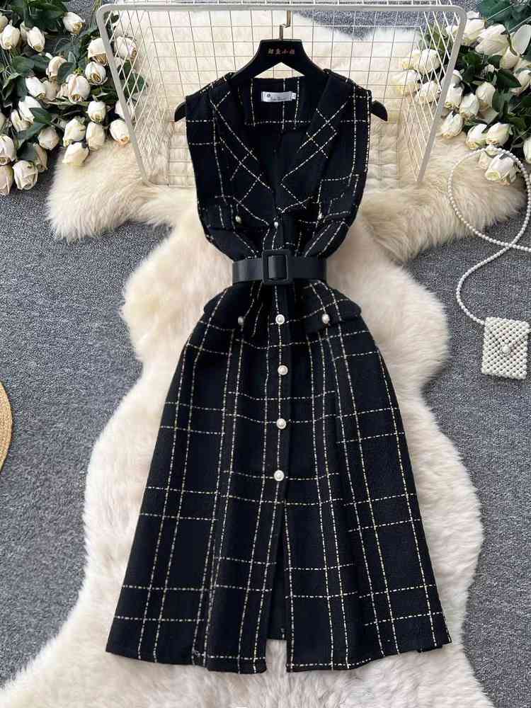 Black plaid sleeveless tweed button down belted dress