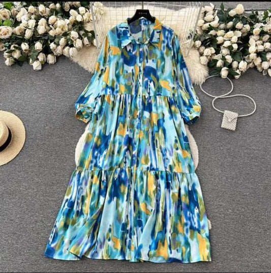 Halo-Dyed Printed Casual Loose and Slimming A-Line Large Hem Shirt Dress