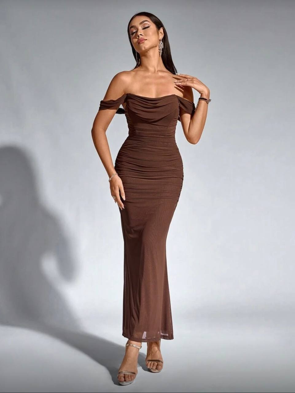 Brown ruched mesh bodycon maxi dress