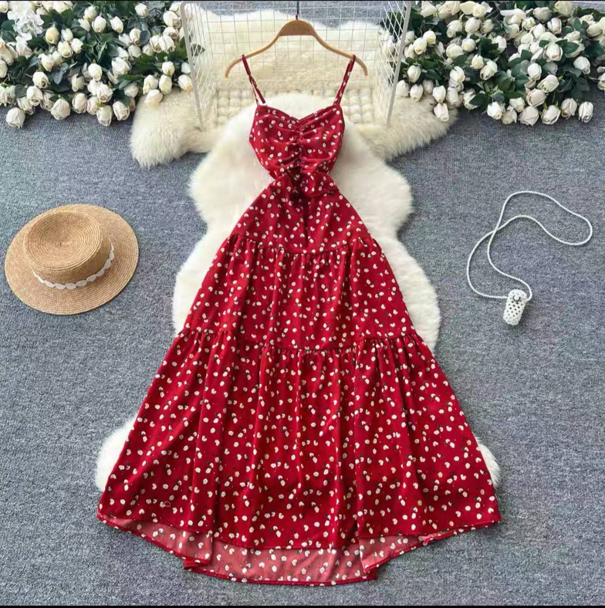 Red midi dress with a white heart print