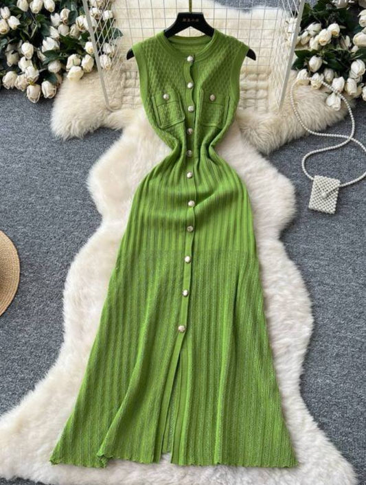 Knitted Button Down Sleeveless Ribbed Sheath Midi Dress