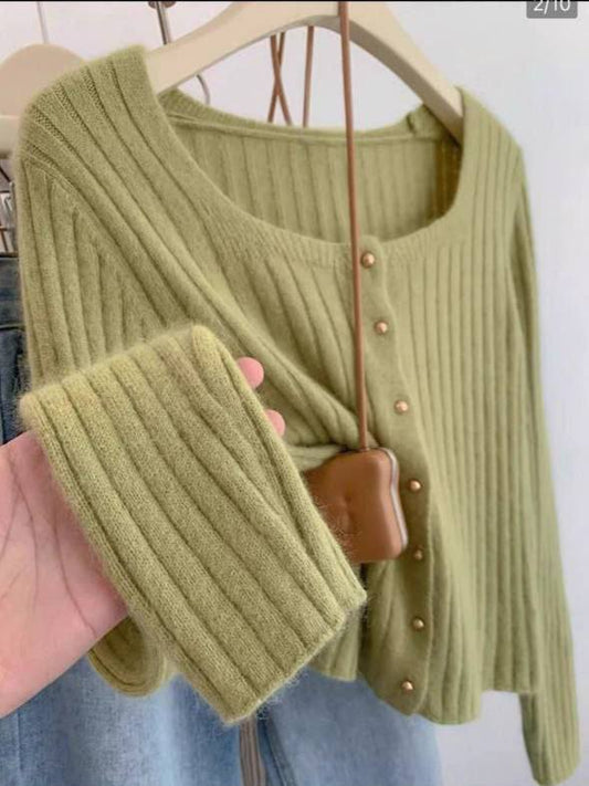 Ukiyo Scoop Neck Plain Ribbed Button-Up Crop Cardigan