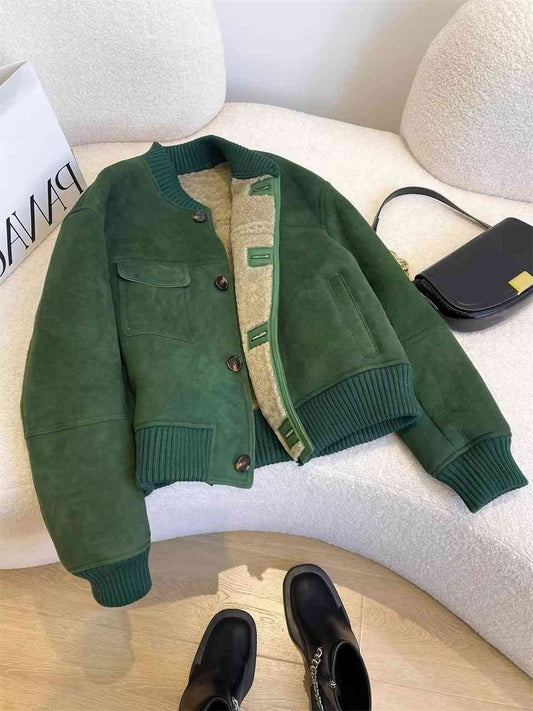 Green suede bomber jacket