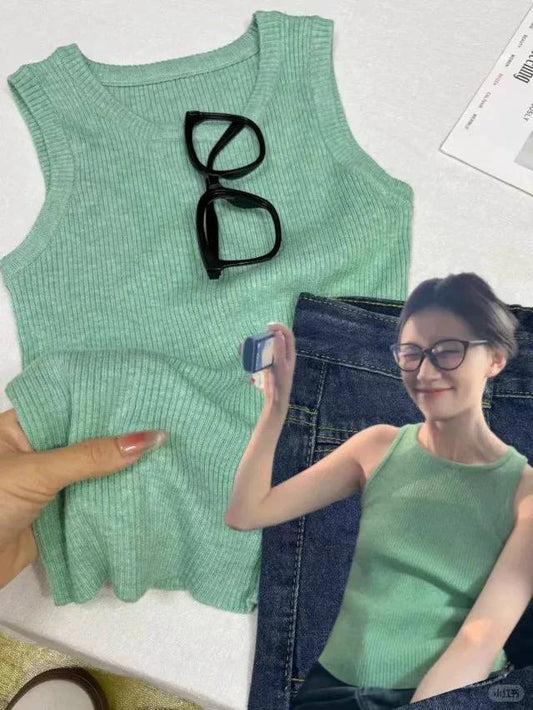 Ligth green sleeveless rib-knit top