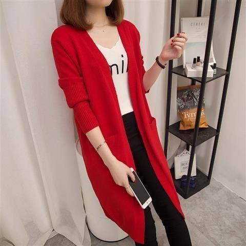 Korean-style loose-fit long knit cardigan