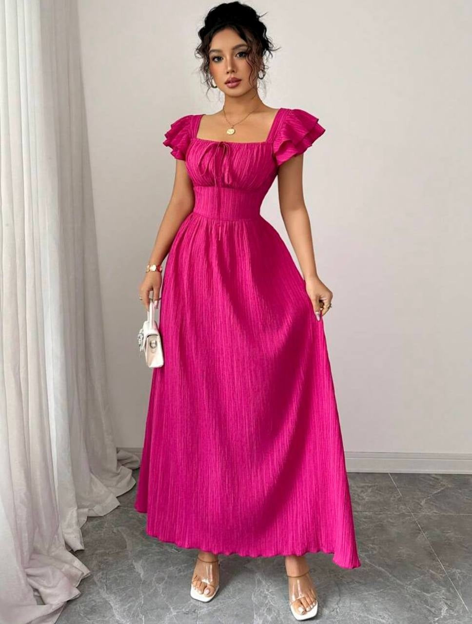 Elenzga New Square Neck Layered Ruffle Sleeve Long Dress