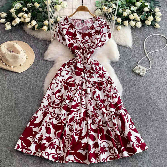 French vintage-style red and white floral print midi dres