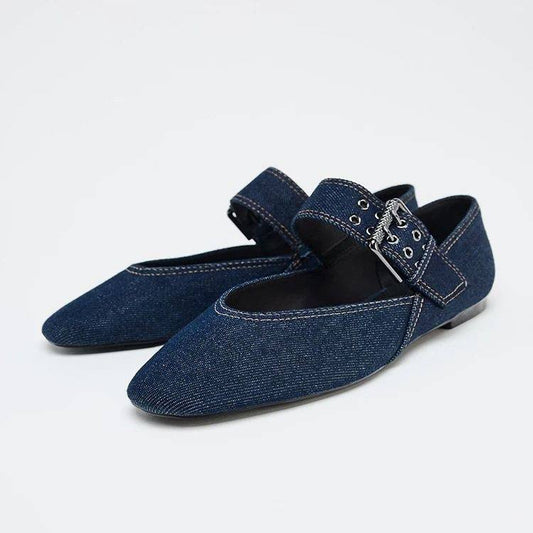 Zara Denim Buckle Ballet Flats
