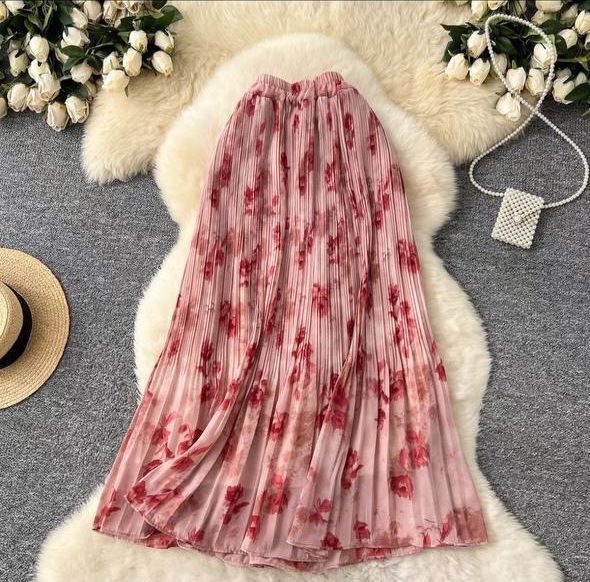 Pink floral print high-waisted pleated midi skirt
