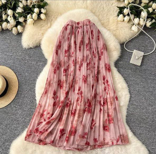 Pink floral print high-waisted pleated midi skirt