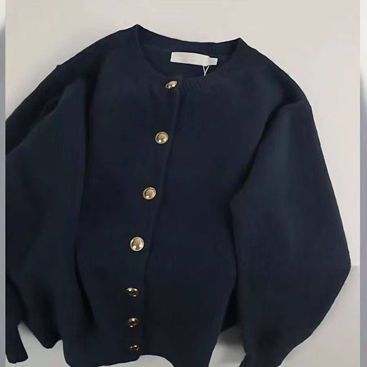 Navy blue knitted crew neck cardigan