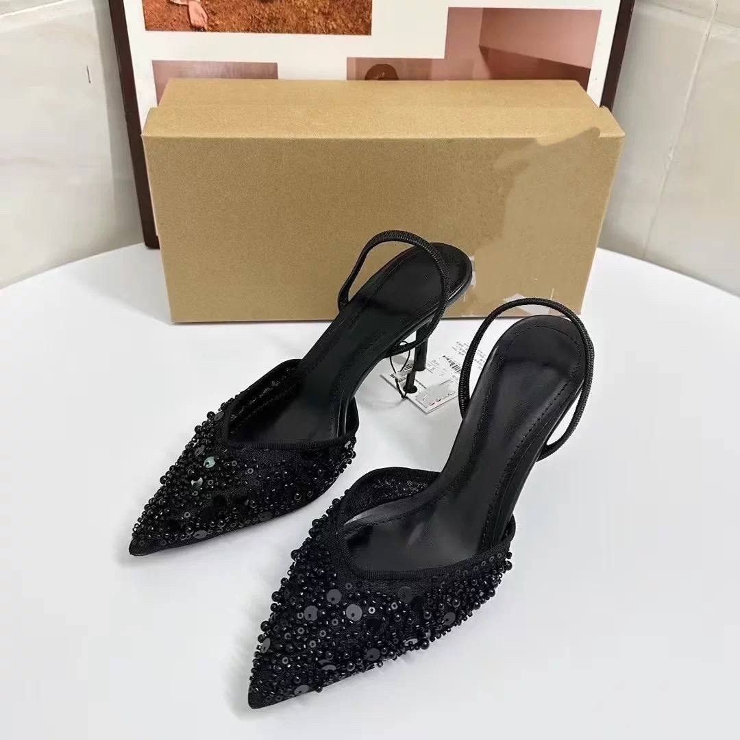 Black mesh slingback stiletto heels shoes