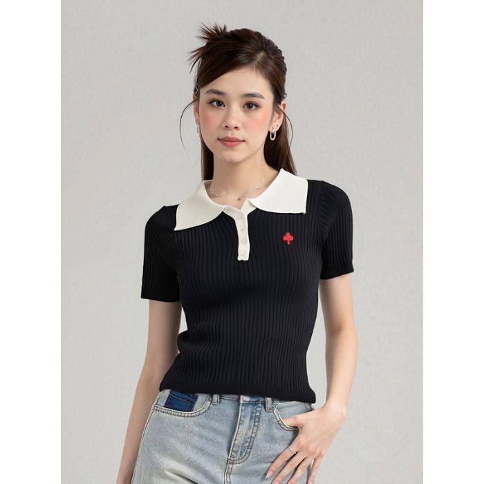Ribbed knit polo top
