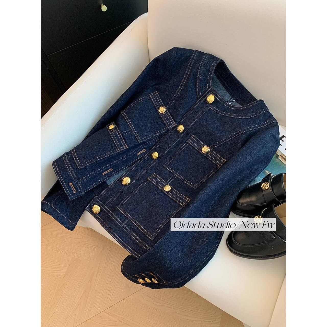 Collarless tweed-style dark wash denim jacket