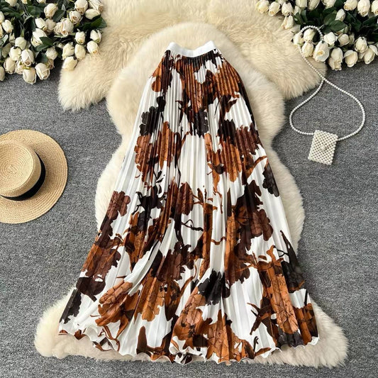 French-style vintage floral pleated maxi skirt