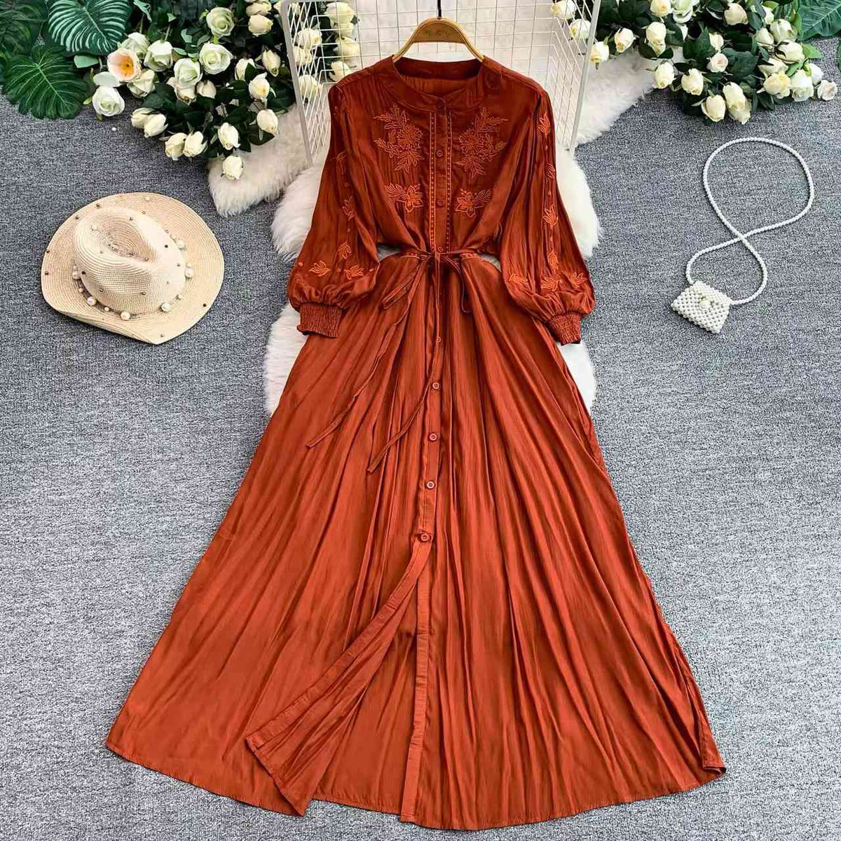 Bohemian style embroidered button down maxi dress