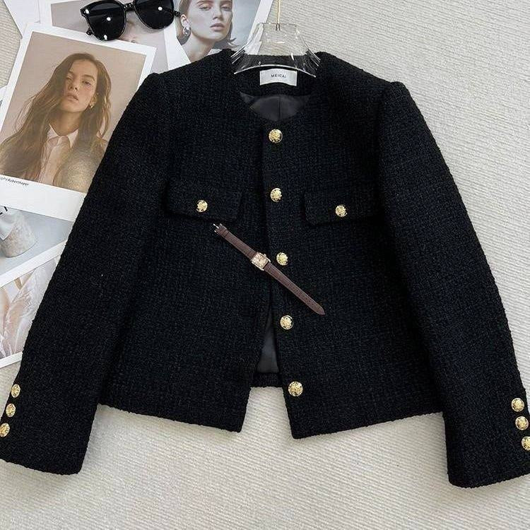cropped black tweed jacket with decorative gold buttons