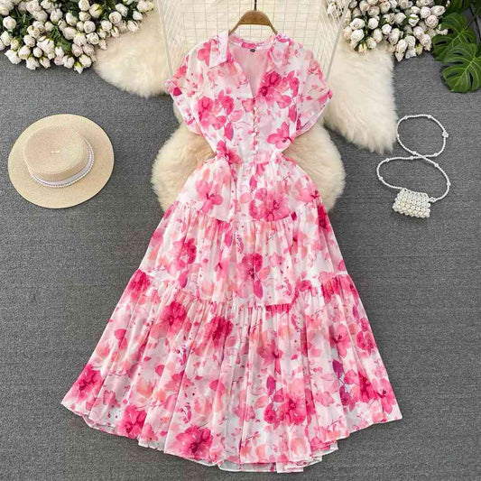 French style pink watercolor floral chiffon maxi dress