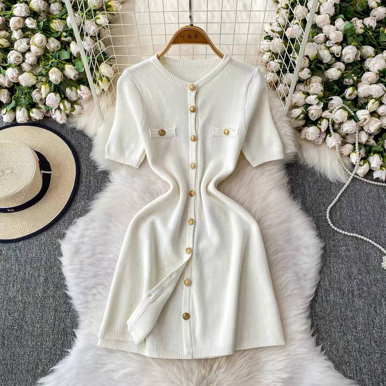Cream-colored rib-knit short-sleeve mini dress