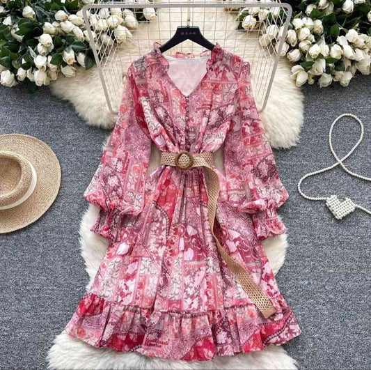 Bohemian-style pink floral patchwork printed chiffon dress