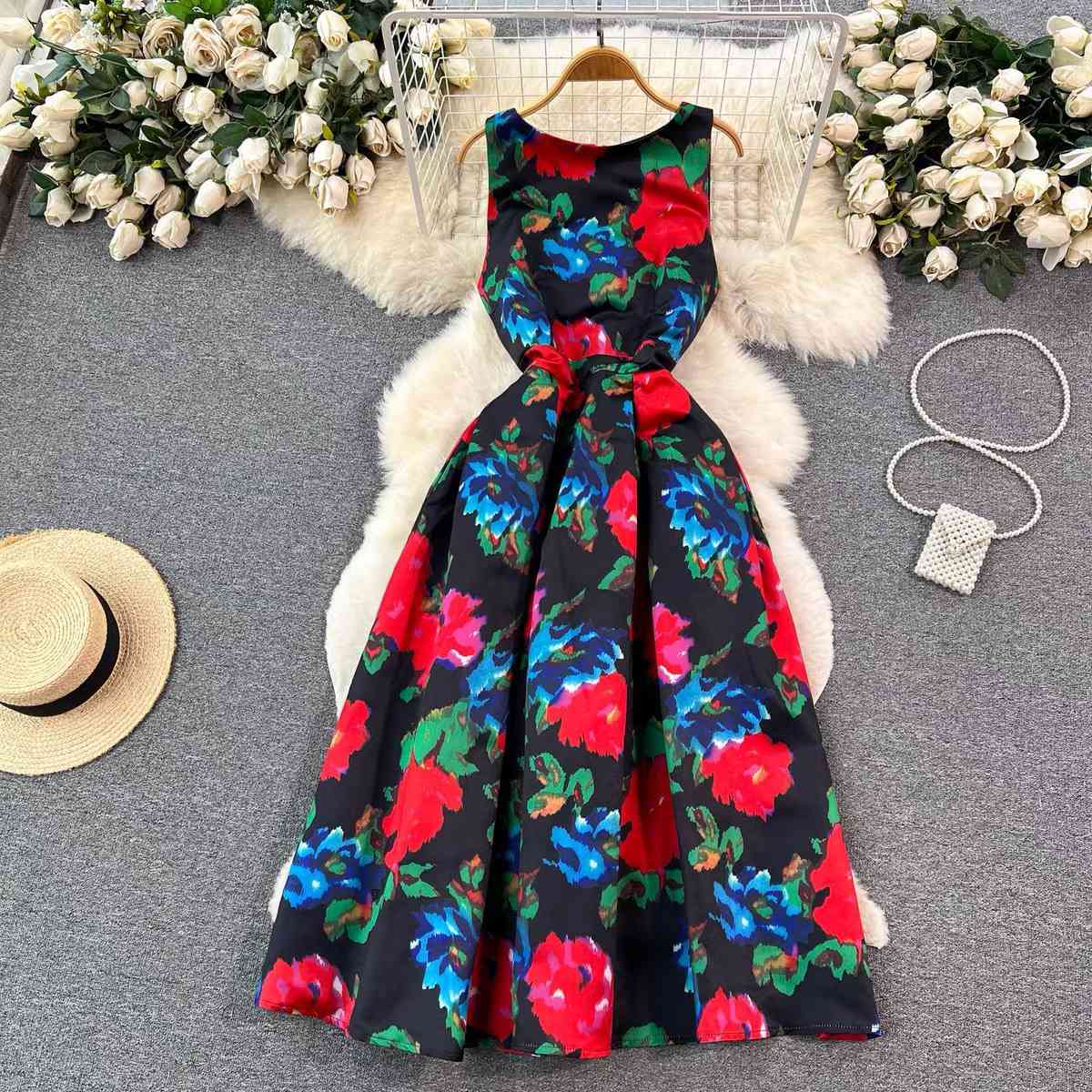 Sleeveless floral print A line midi dress