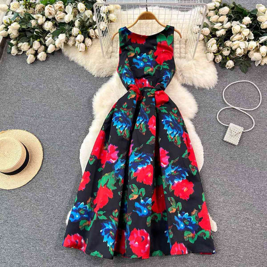 Sleeveless floral print A line midi dress