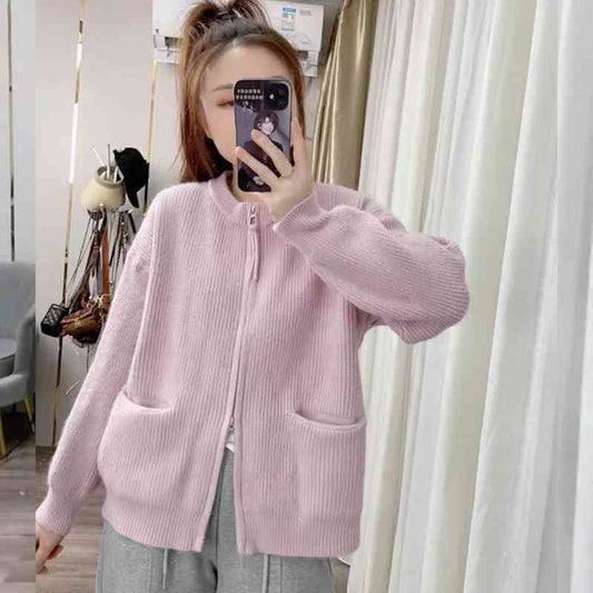 Pink oversized ribbed knit zip-up cardigan sweater coat