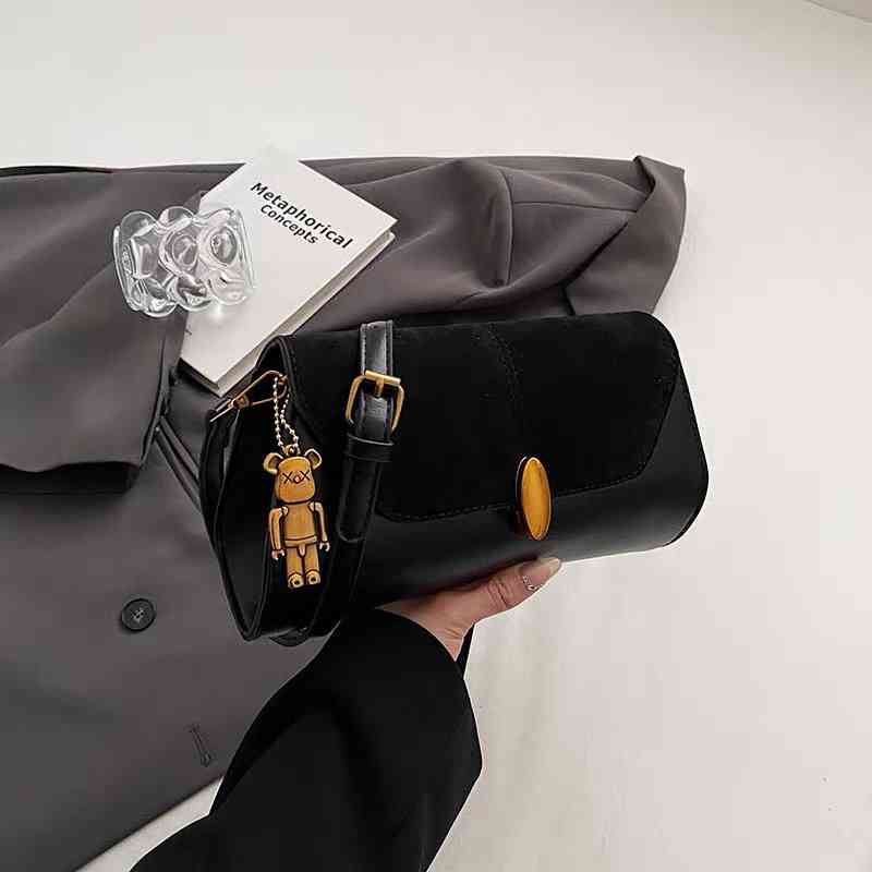 Vintage style black PU and faux suede flap shoulder bag