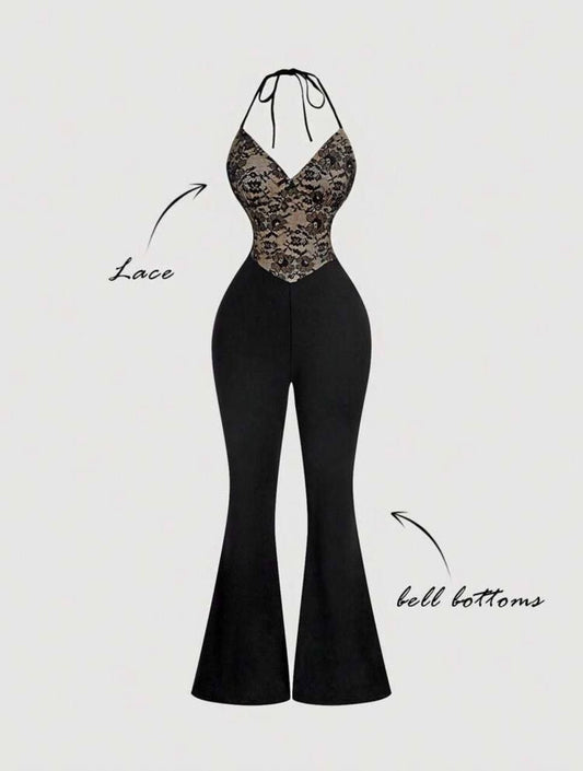 Mod black lace patchwork flare halter jumpsuit