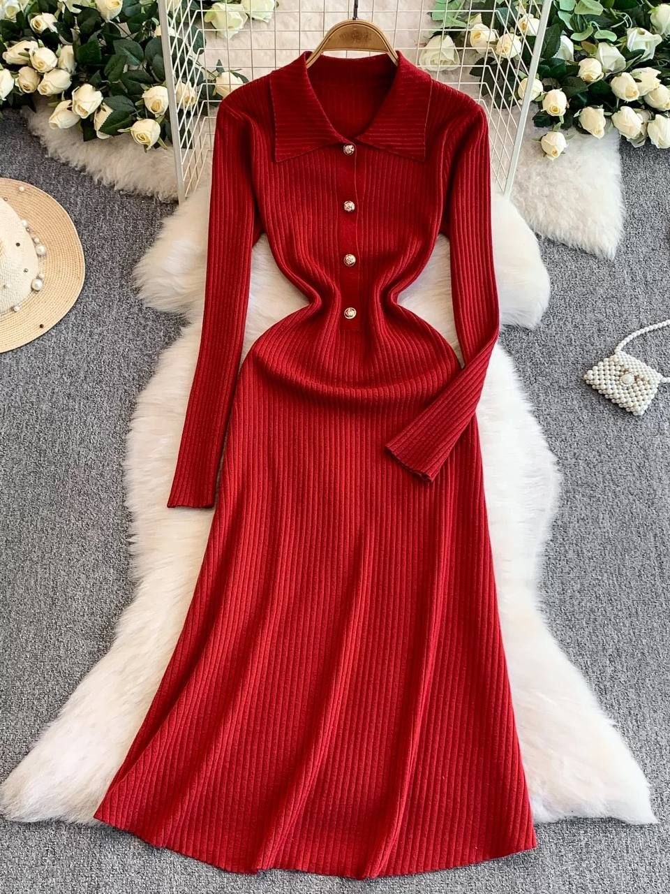 Red ribbed-knit midi dress