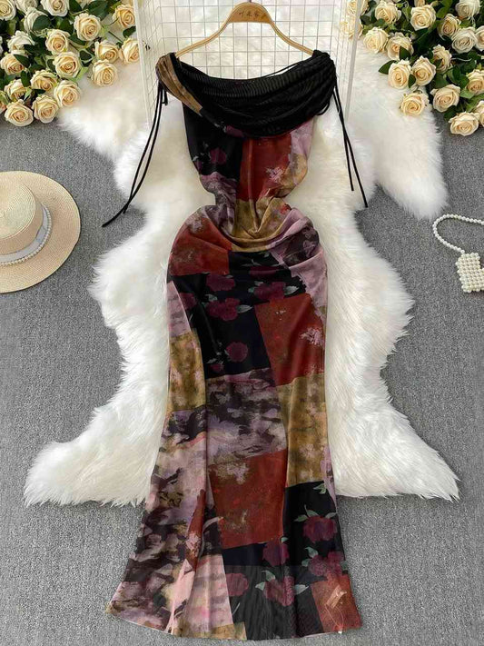 Rosala Print Mesh Off Shoulder Maxi Dress