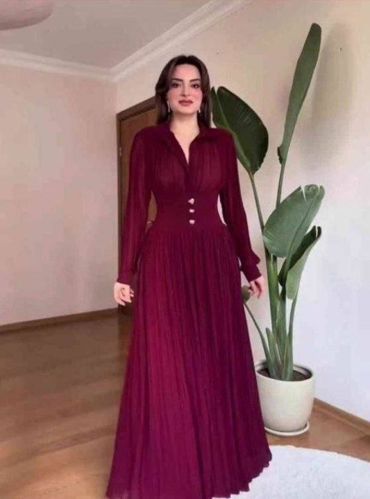 Burgundy pleated chiffon maxi dress
