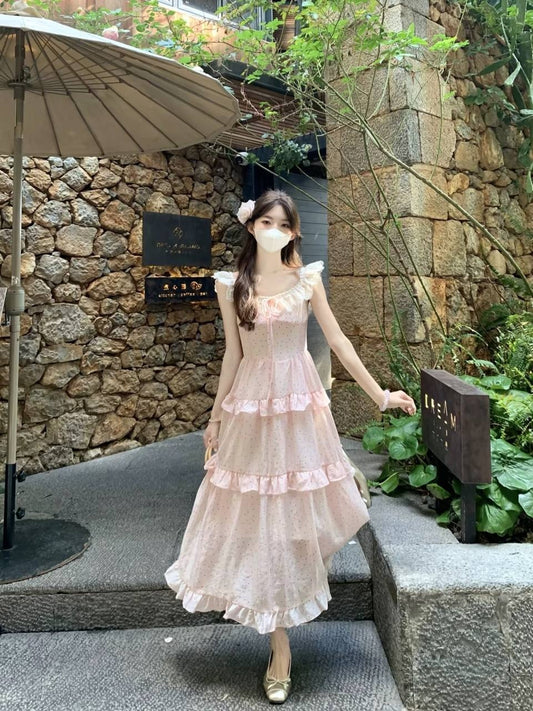 French-style cottagecore ruffle maxi dress