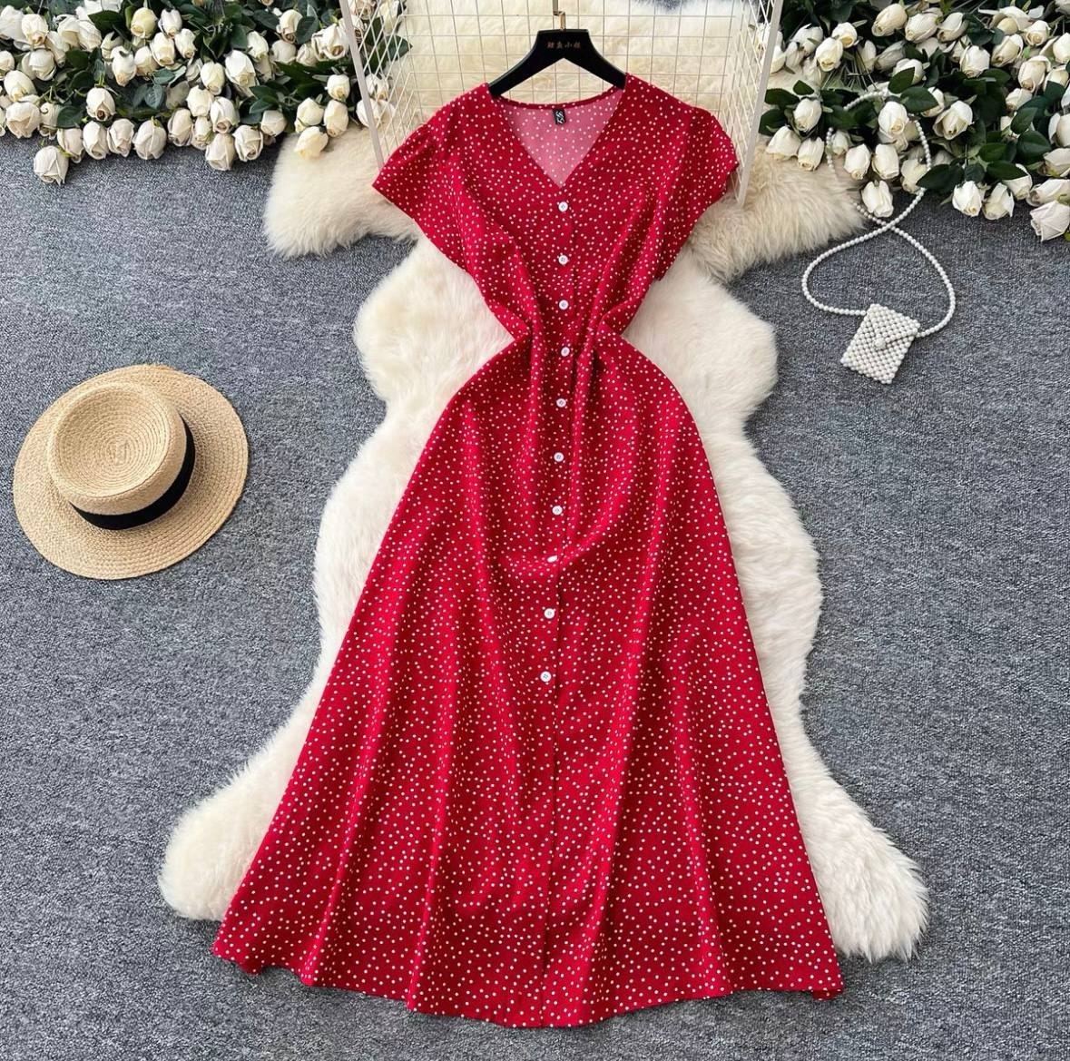 French-style retro red polka dot midi dress