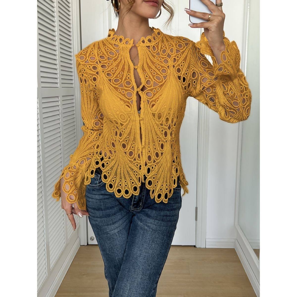 Mustard yellow lace and cutwork long-sleeve top