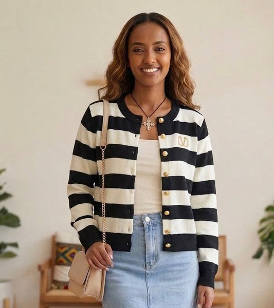 Black and white striped knit cardigan